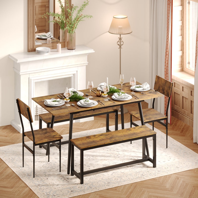 63 Inch Extendable Dining Table Set For 4 6 People 5 piece Kitchen Table Set With 2 Chairs And 2 Benches For Home Apartment